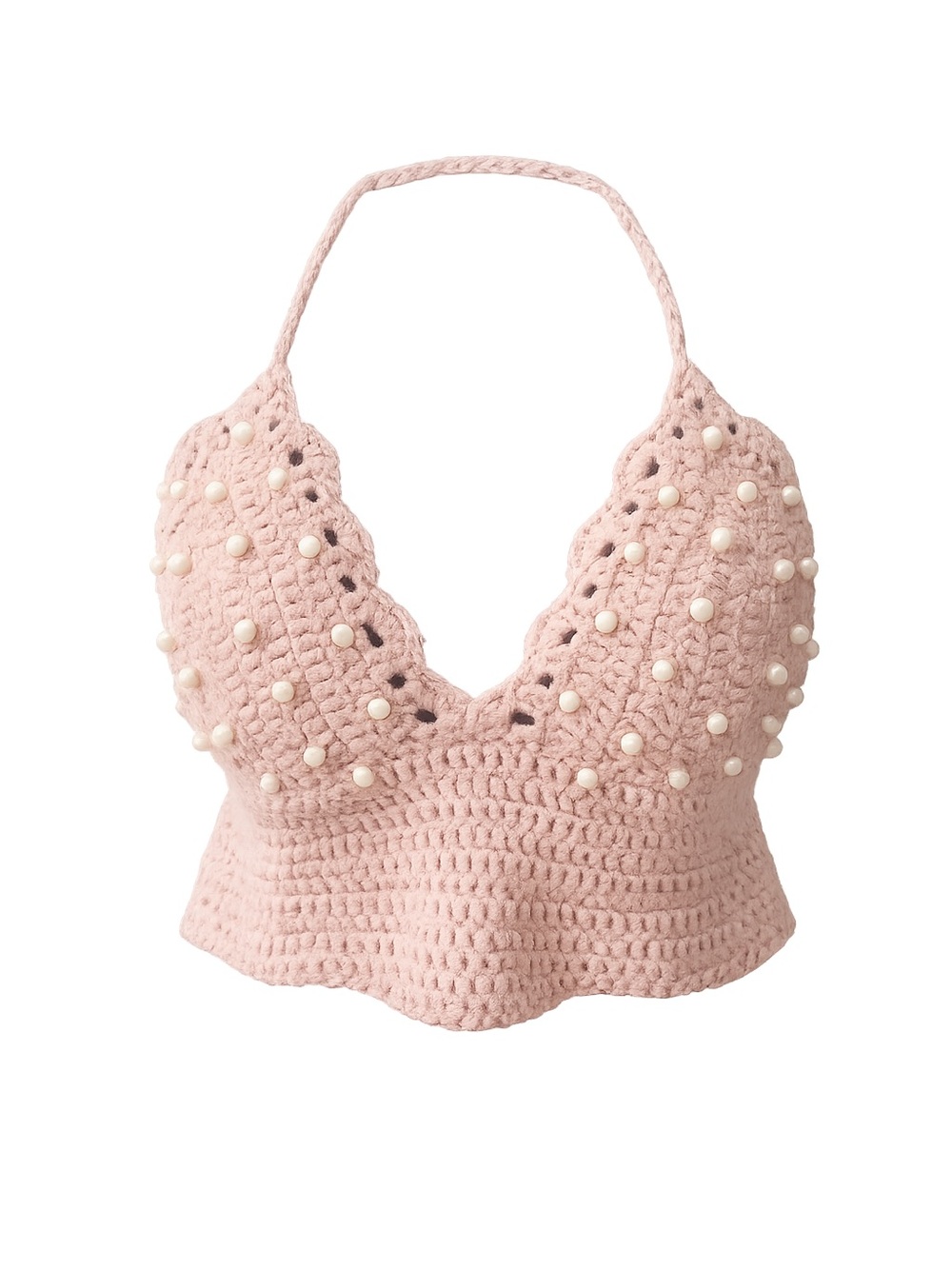 Handmade Crochet Pearl Embellished Halter Crop Top Blush Pink Boho Festival